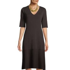 Eileen Fisher Brown V-Neck Short-Sleeve Tencel Knit A-line Midi Dress